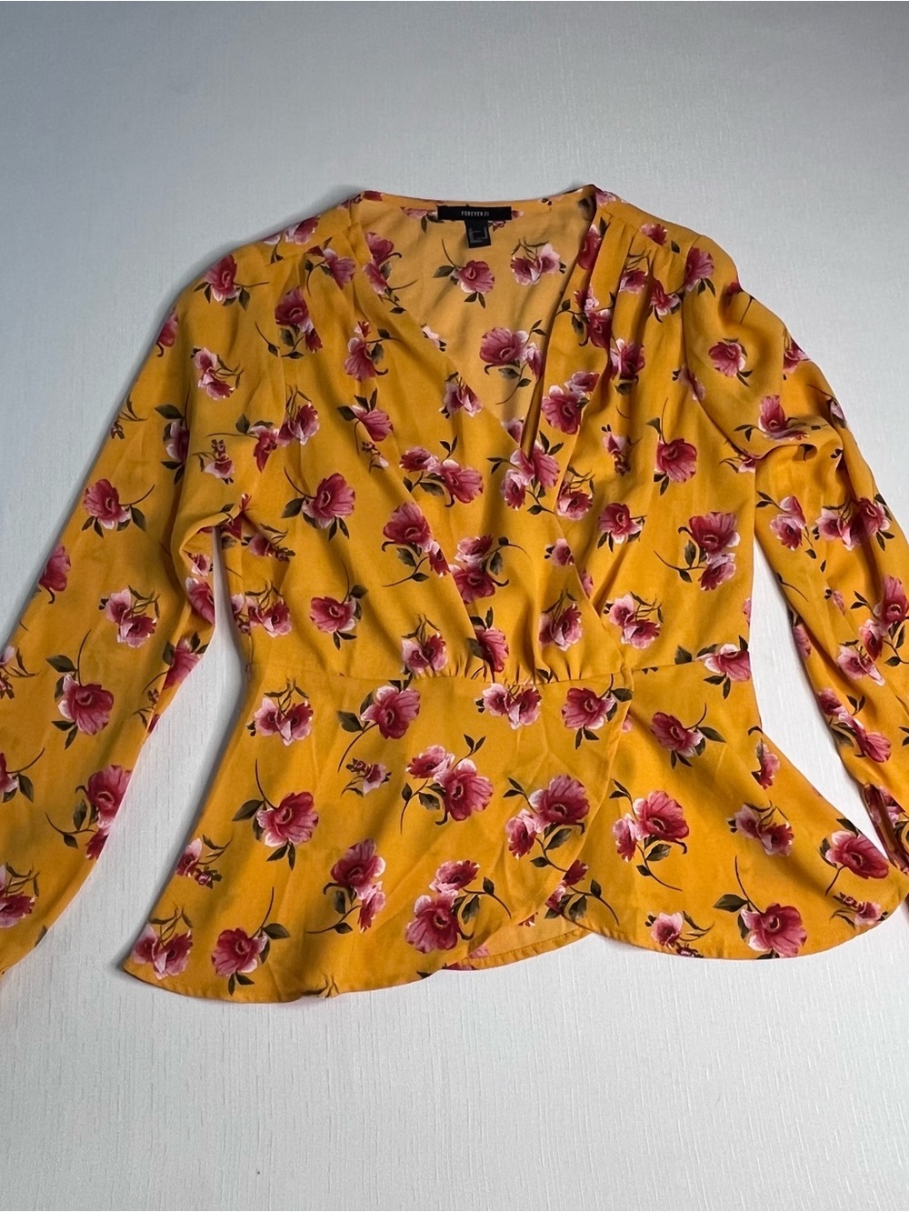 Forever 21 Mustard Floral Wrap Peplum Blouse